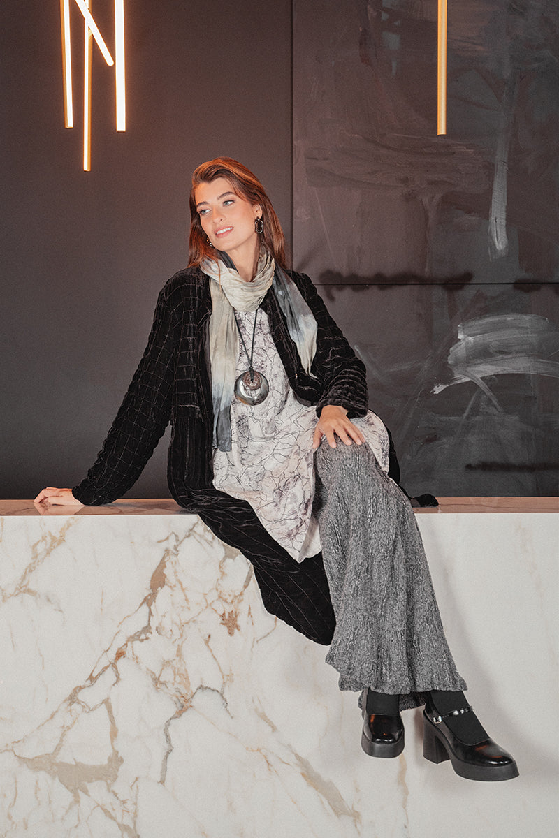 Black Pleated Silk Velvet Jacket - Coat