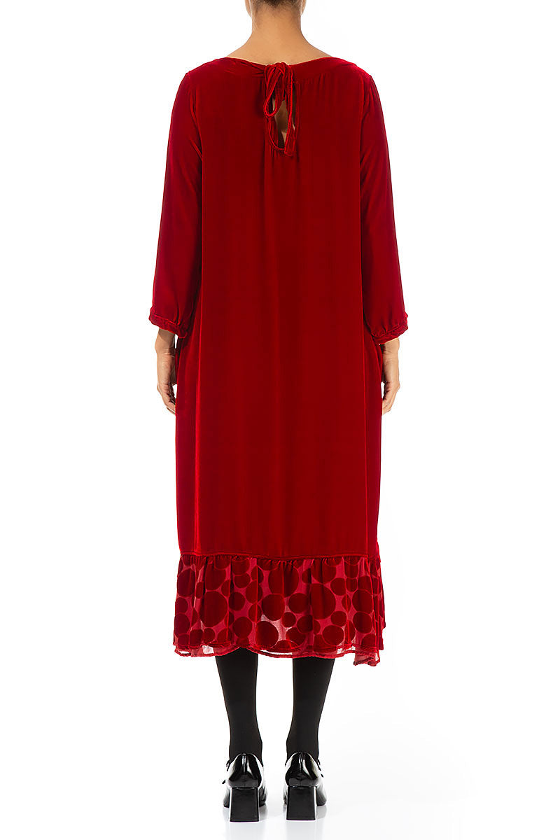 Decorated Hem Cherry Red Silk Velvet Dress 2