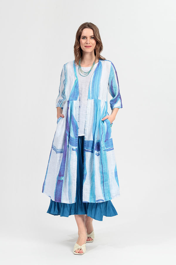 Veste en lin à col en V à imprimé coups de pinceau bleus