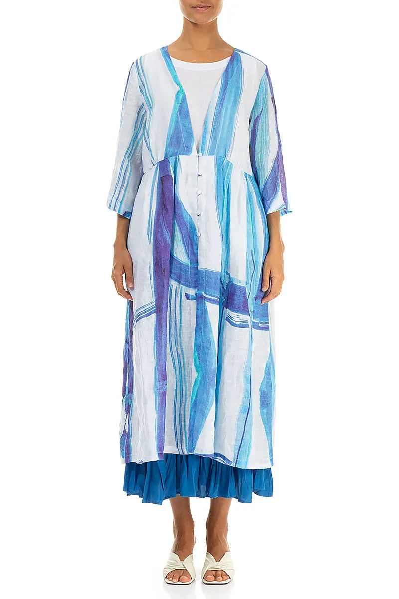 V-Neck Blue Brushstroke Linen Jacket