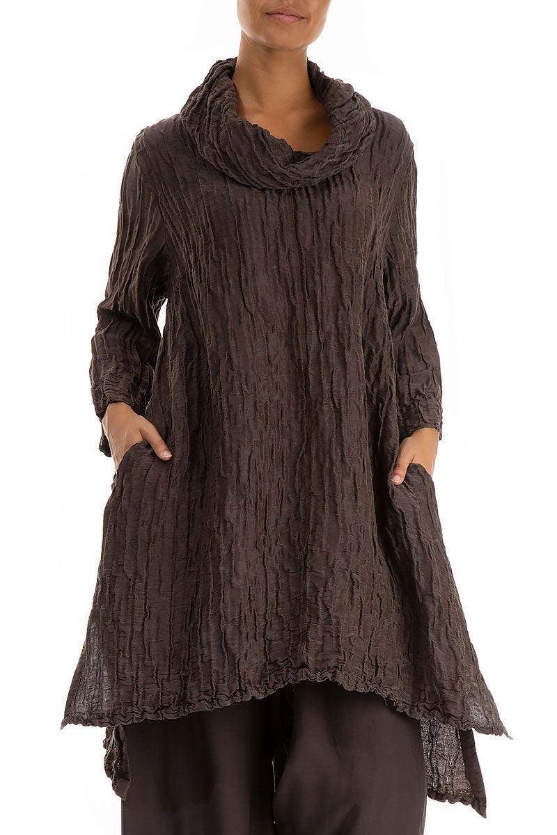Detachable Collar Crinkled Ash Brown Silk Linen Tunic 4