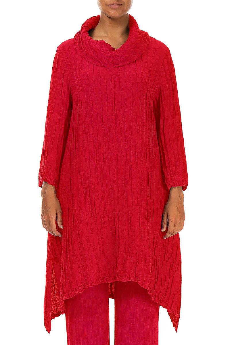 Detachable Collar Crinkled Cherry Red Silk Linen Tunic