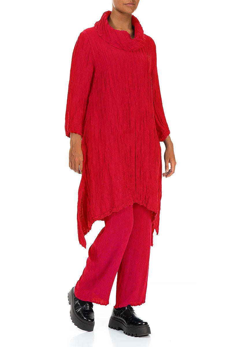 Detachable Collar Crinkled Cherry Red Silk Linen Tunic