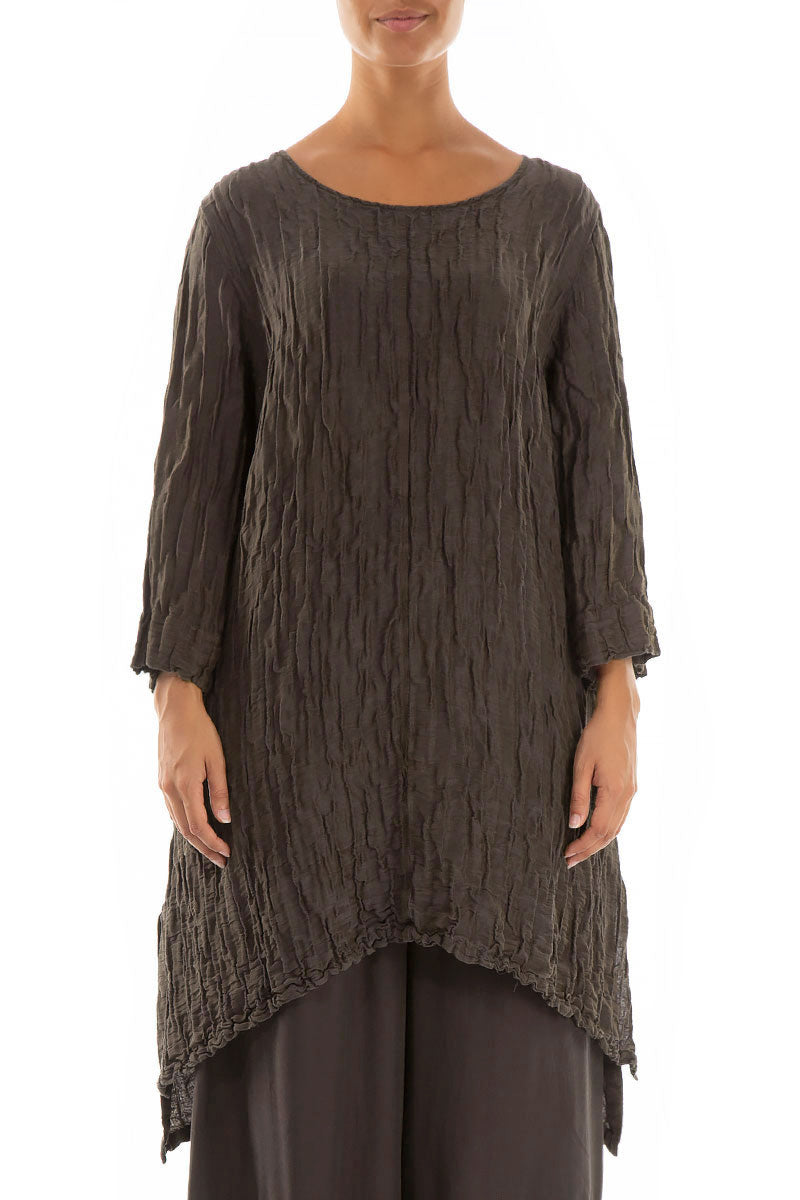 Detachable Collar Crinkled Forest Brown Silk Linen Tunic
