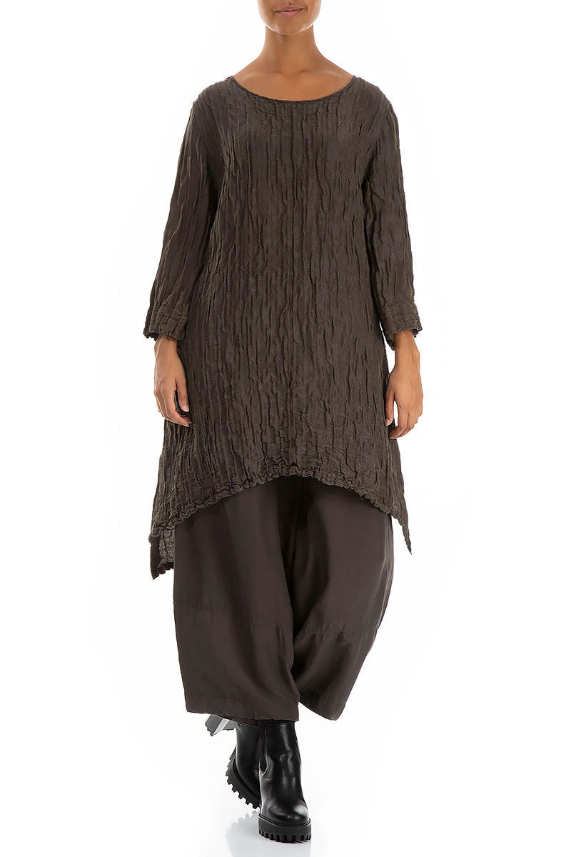 Detachable Collar Crinkled Forest Brown Silk Linen Tunic