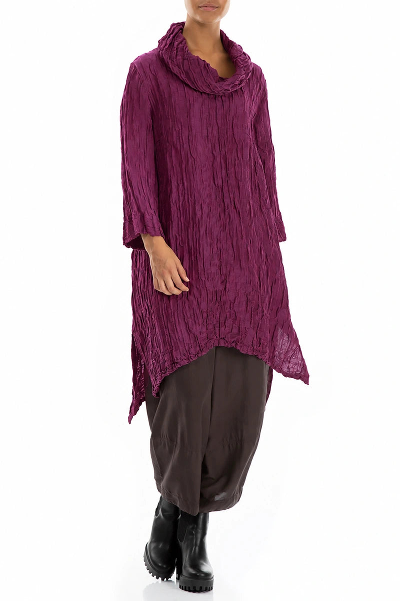 Detachable Collar Crinkled Magenta Silk Linen Tunic 4