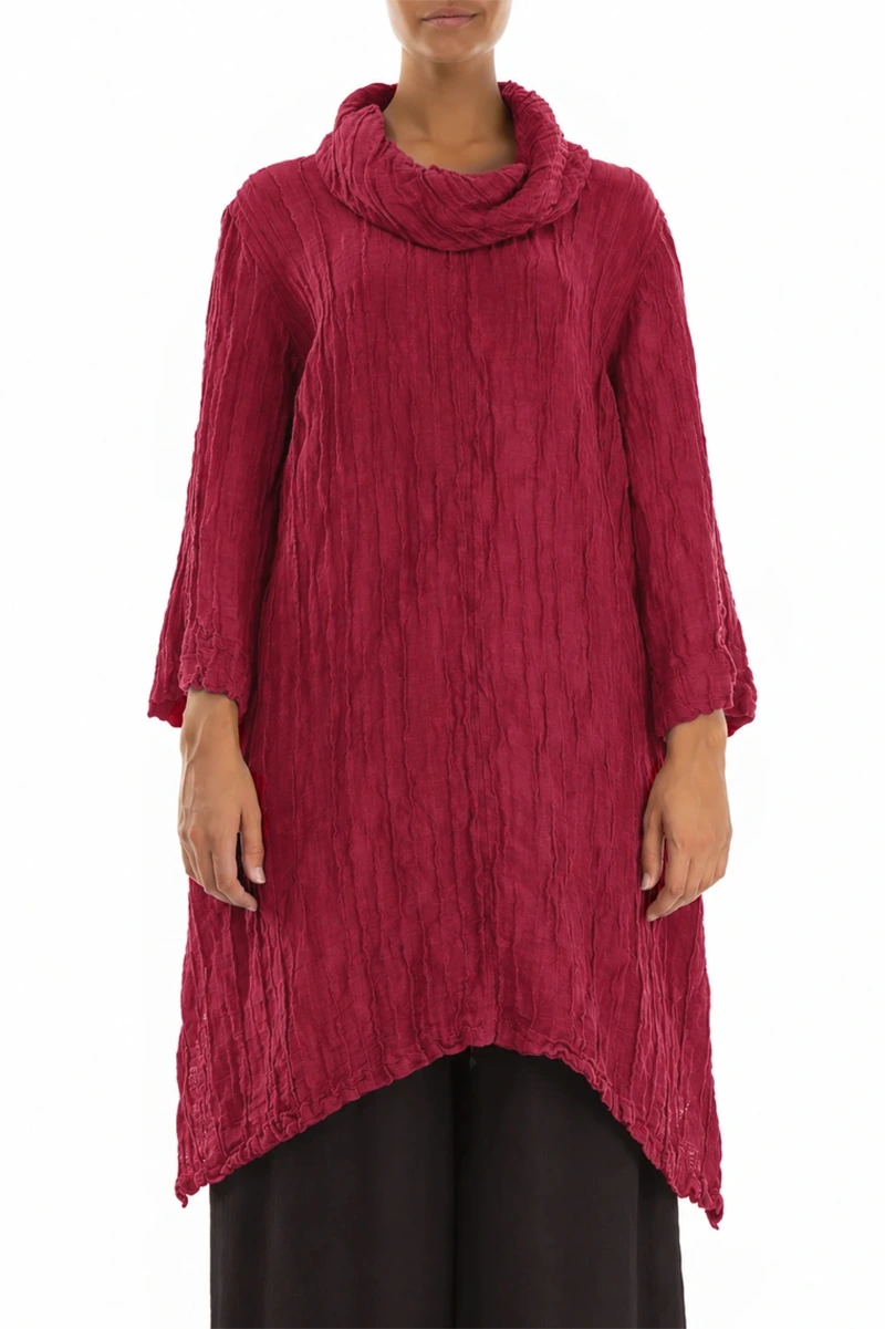 Detachable Collar Crinkled Ruby Silk Linen Tunic 1