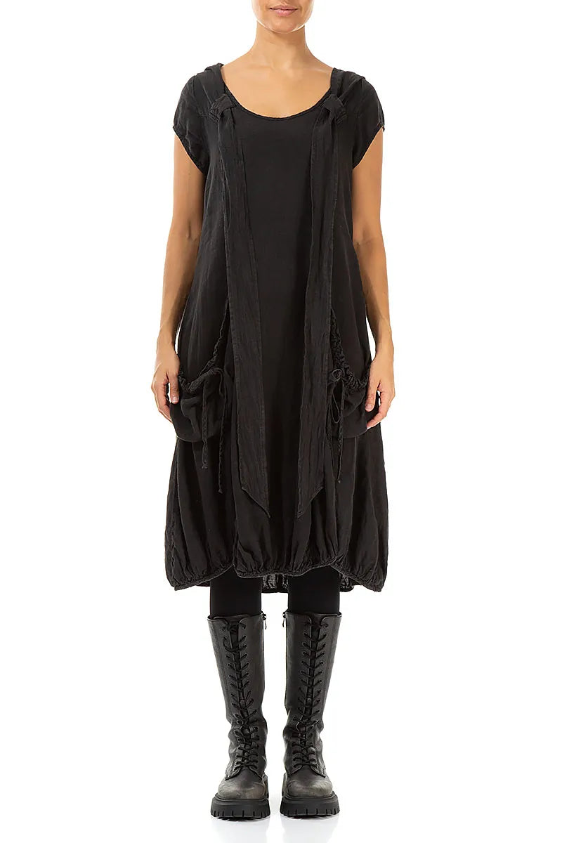 Robe en lin noir à capuche amovible