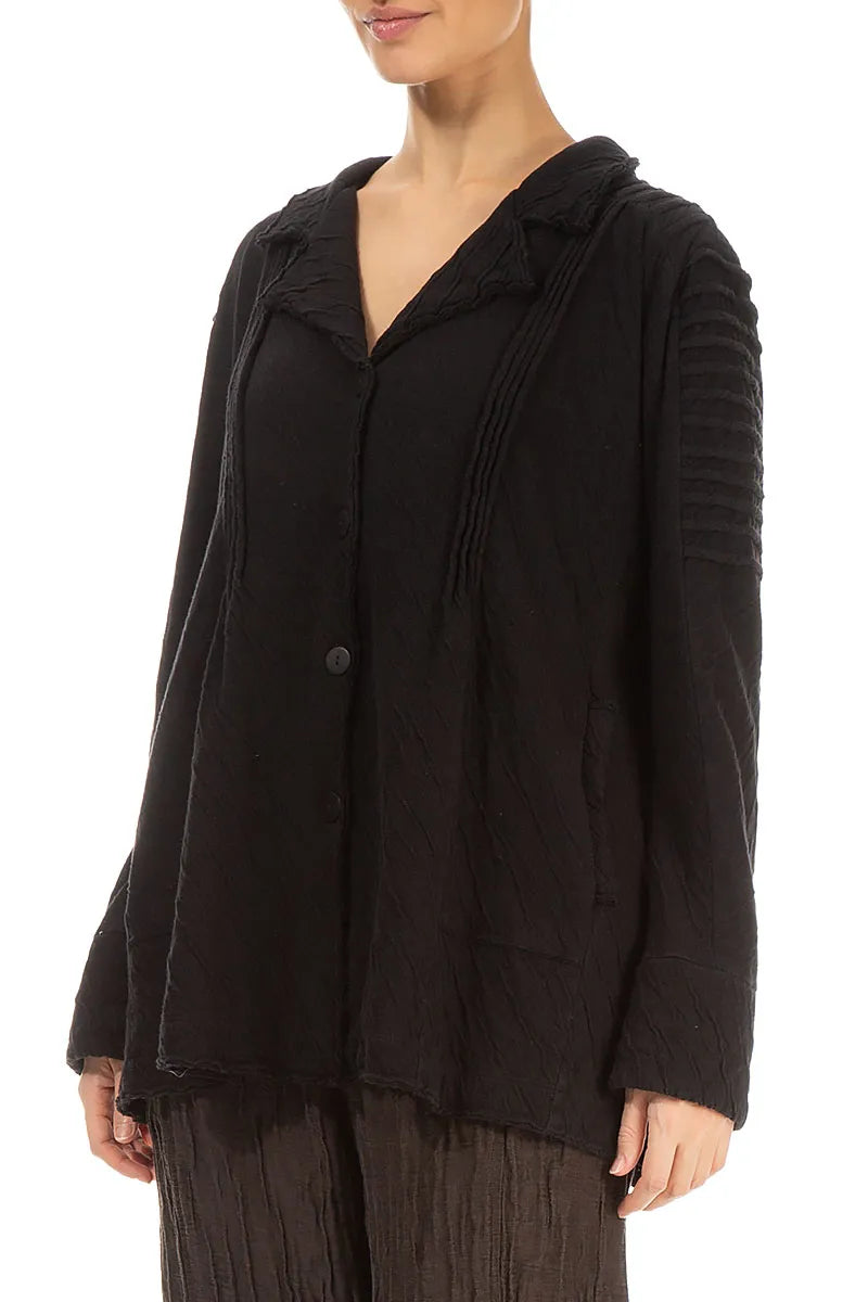 Detailed Shoulder Black Wavy Cotton Jacket 4