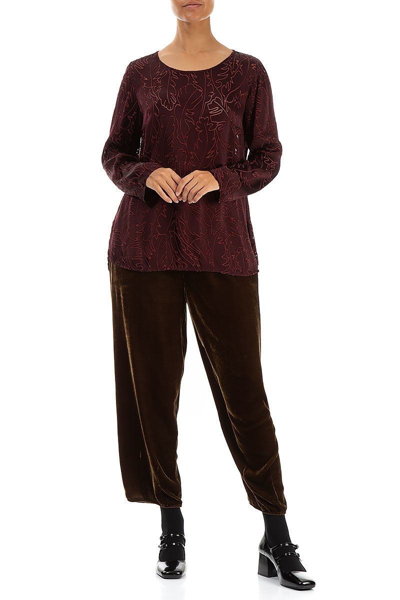 Devoré Feather Merlot Silk Blouse 4