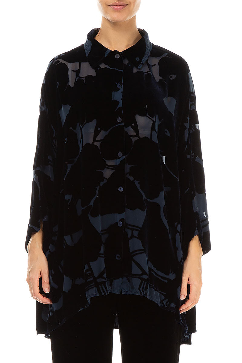 Devoré Pattern Midnight Blue Silk Velvet Shirt 1