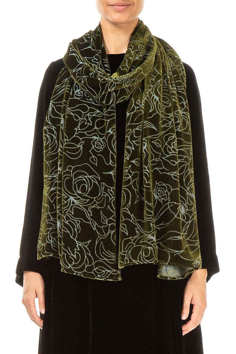 Devoré Roses Forest Mist Silk Velvet Scarf
