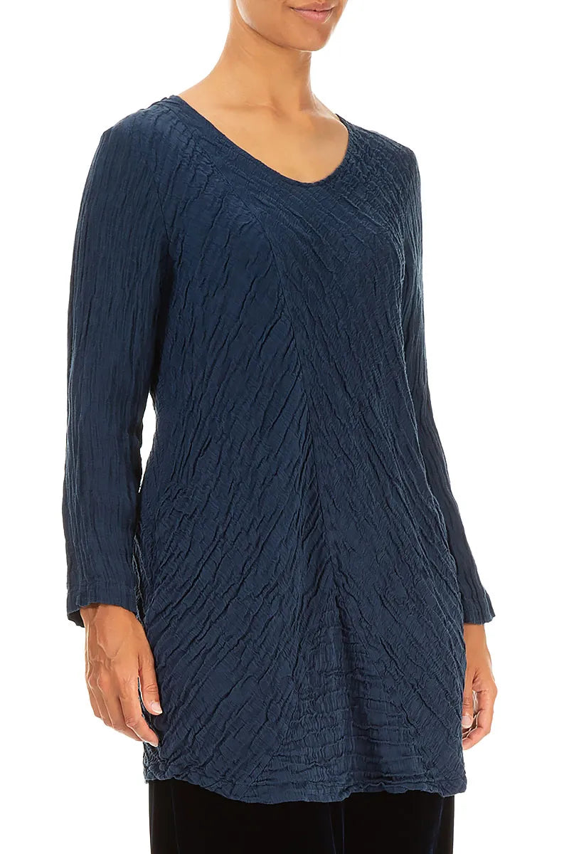 Directional Crinkled Navy Silk Linen Blouse