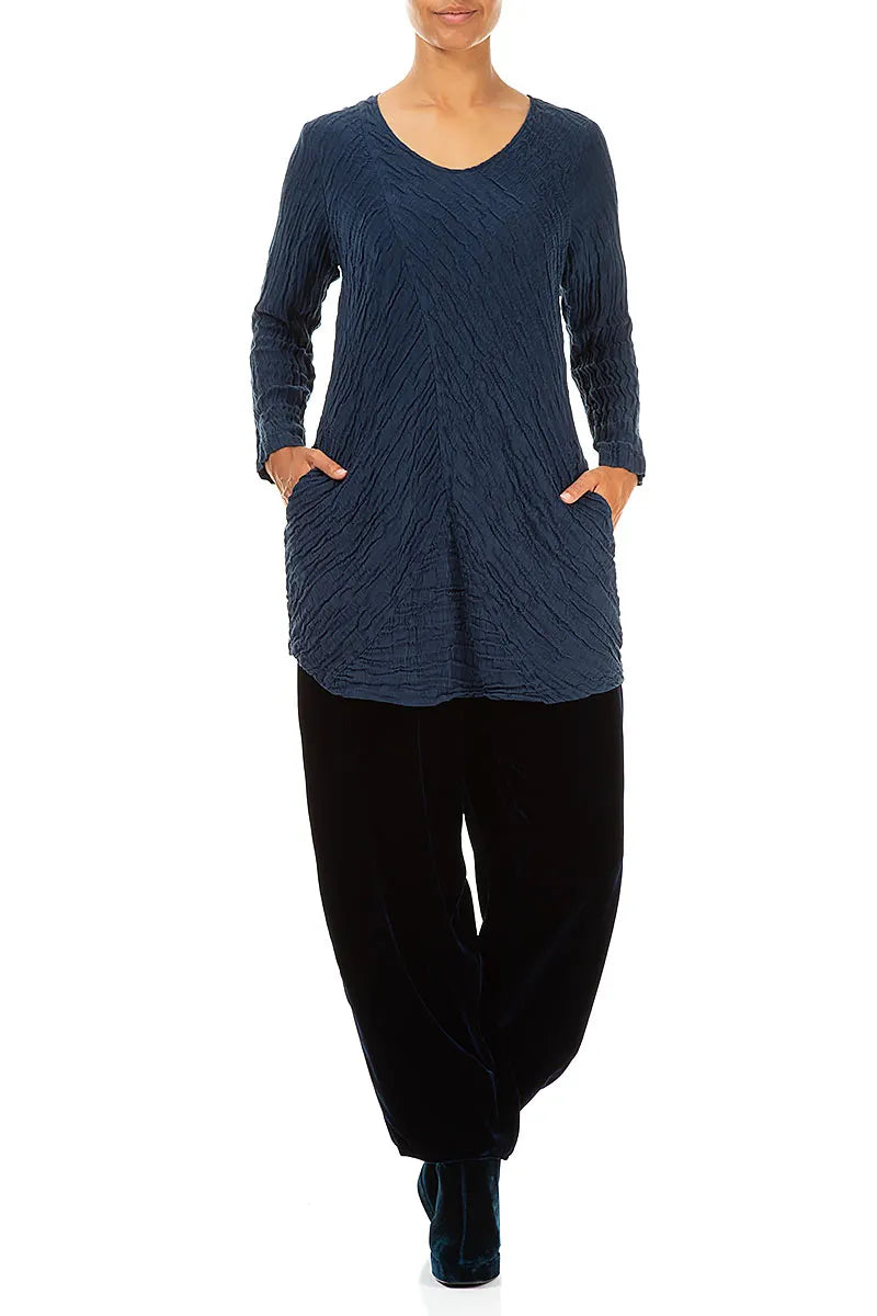 Directional Crinkled Navy Silk Linen Blouse