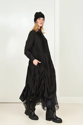 Draped Black Silk Bamboo Tuck Dress 1