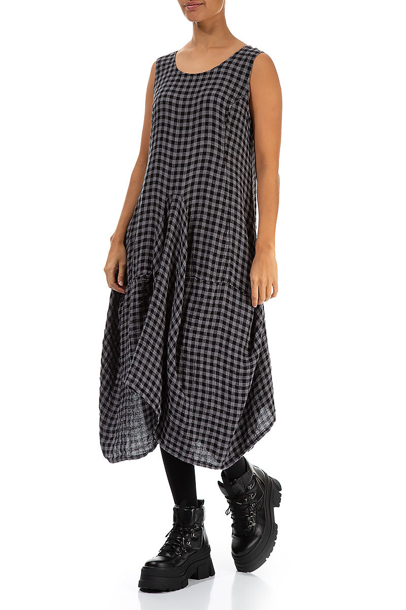 Draped Grey Check Linen Dress 3