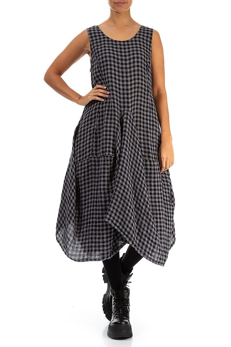 Draped Grey Check Linen Dress 4