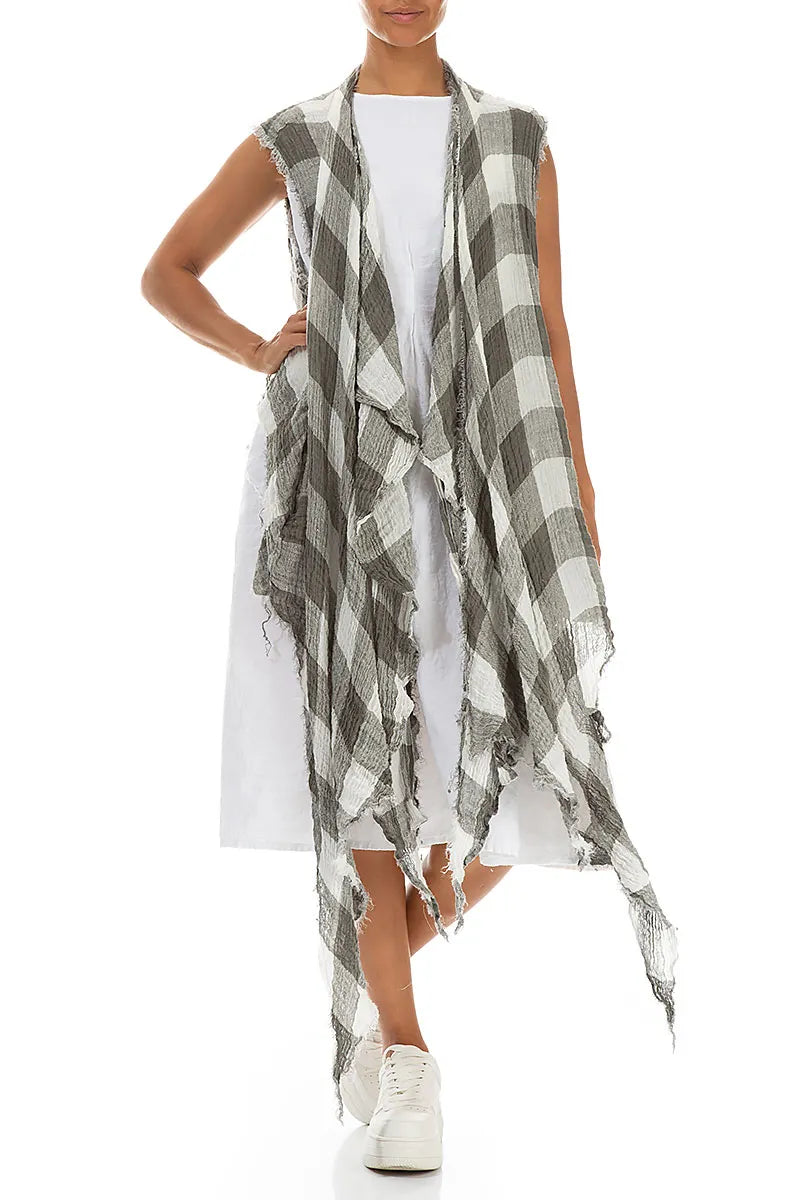 Draped Large Check White Gauze Linen Vest 4