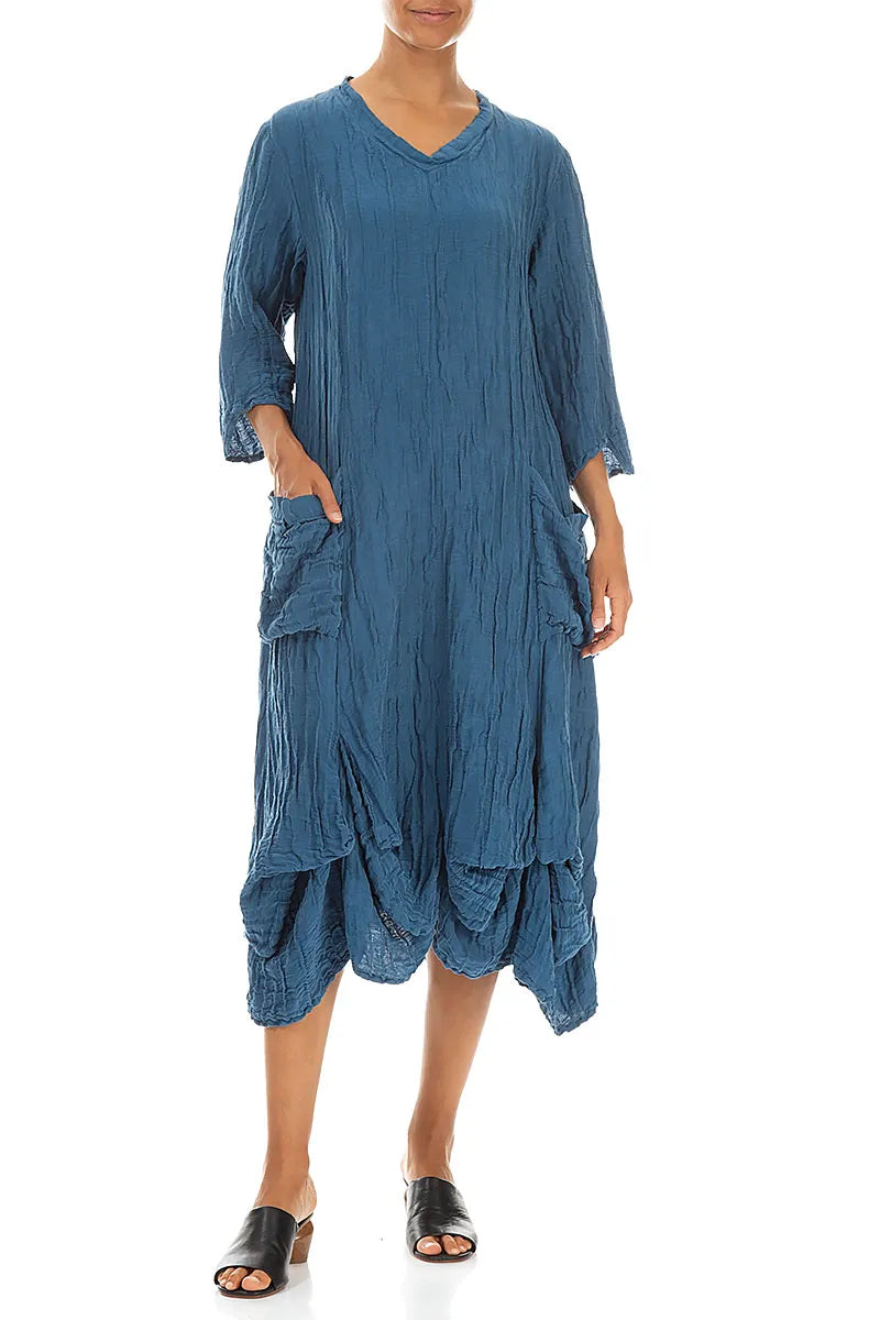 Drapiertes Crinkled Denim-blaues Seidenleinenkleid