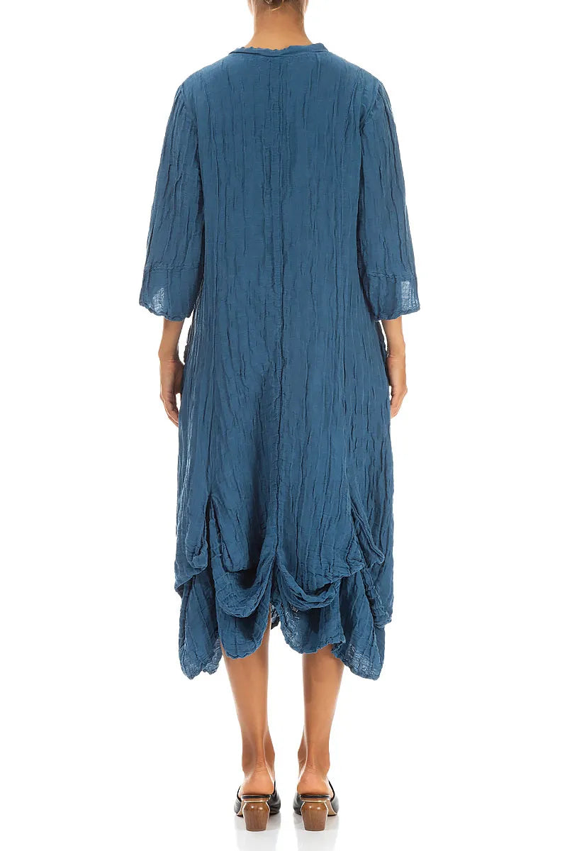 Drapiertes Crinkled Denim-blaues Seidenleinenkleid
