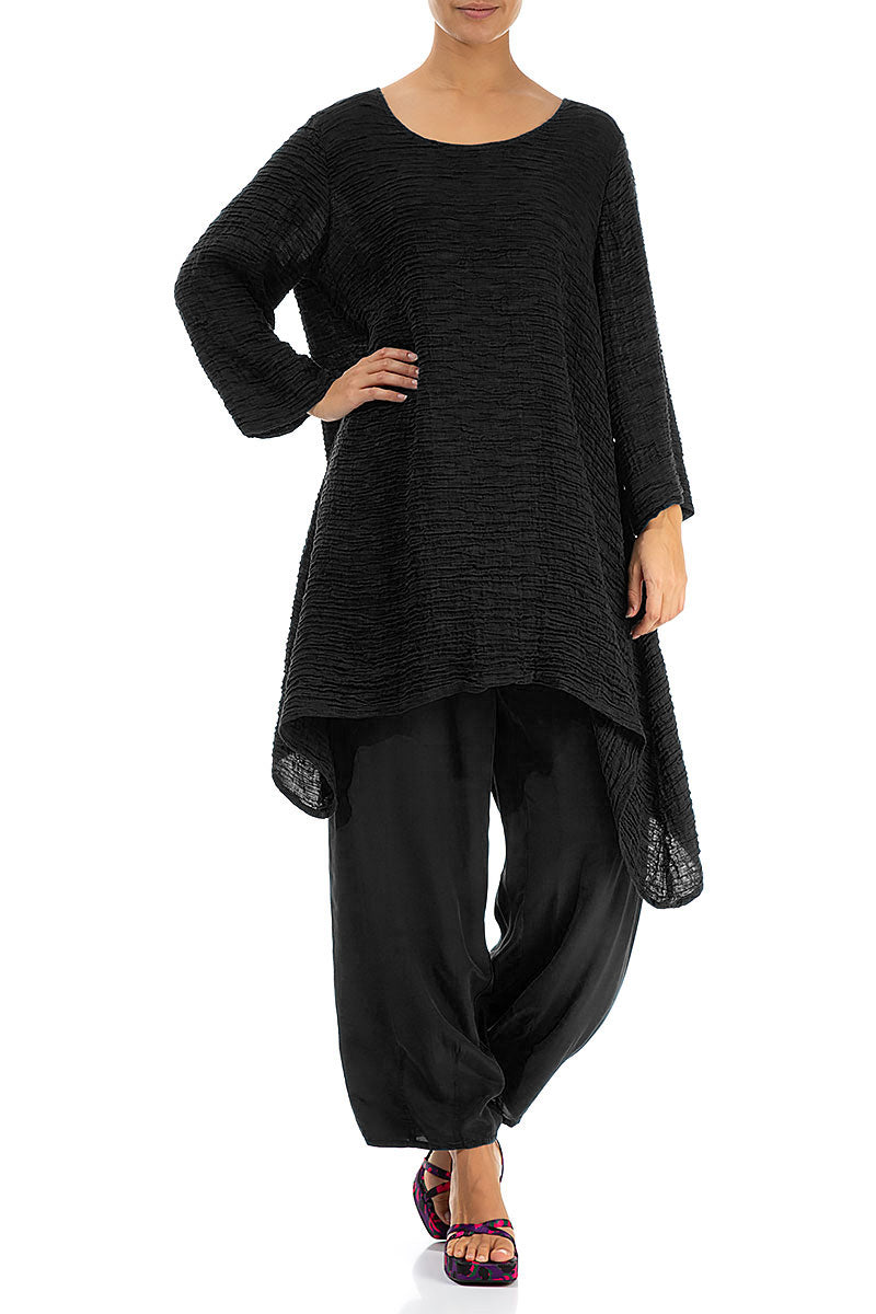 Dropped Edge Black Crinkled Silk Tunic 4