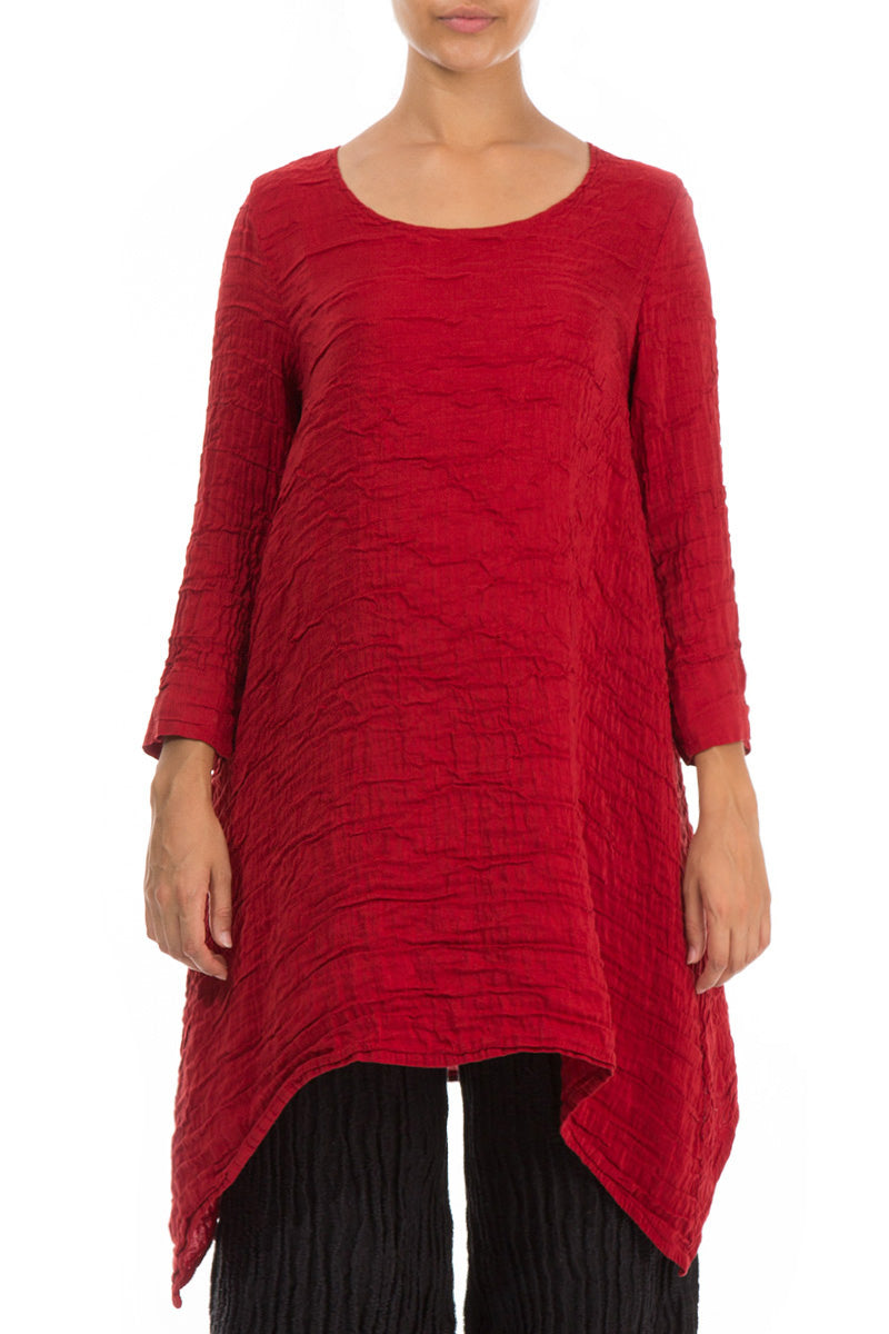 Dropped Edge Cherry Red Crinkled Silk Tunic
