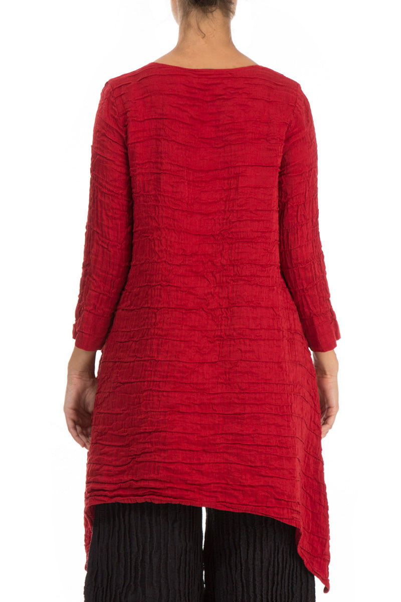 Dropped Edge Cherry Red Crinkled Silk Tunic