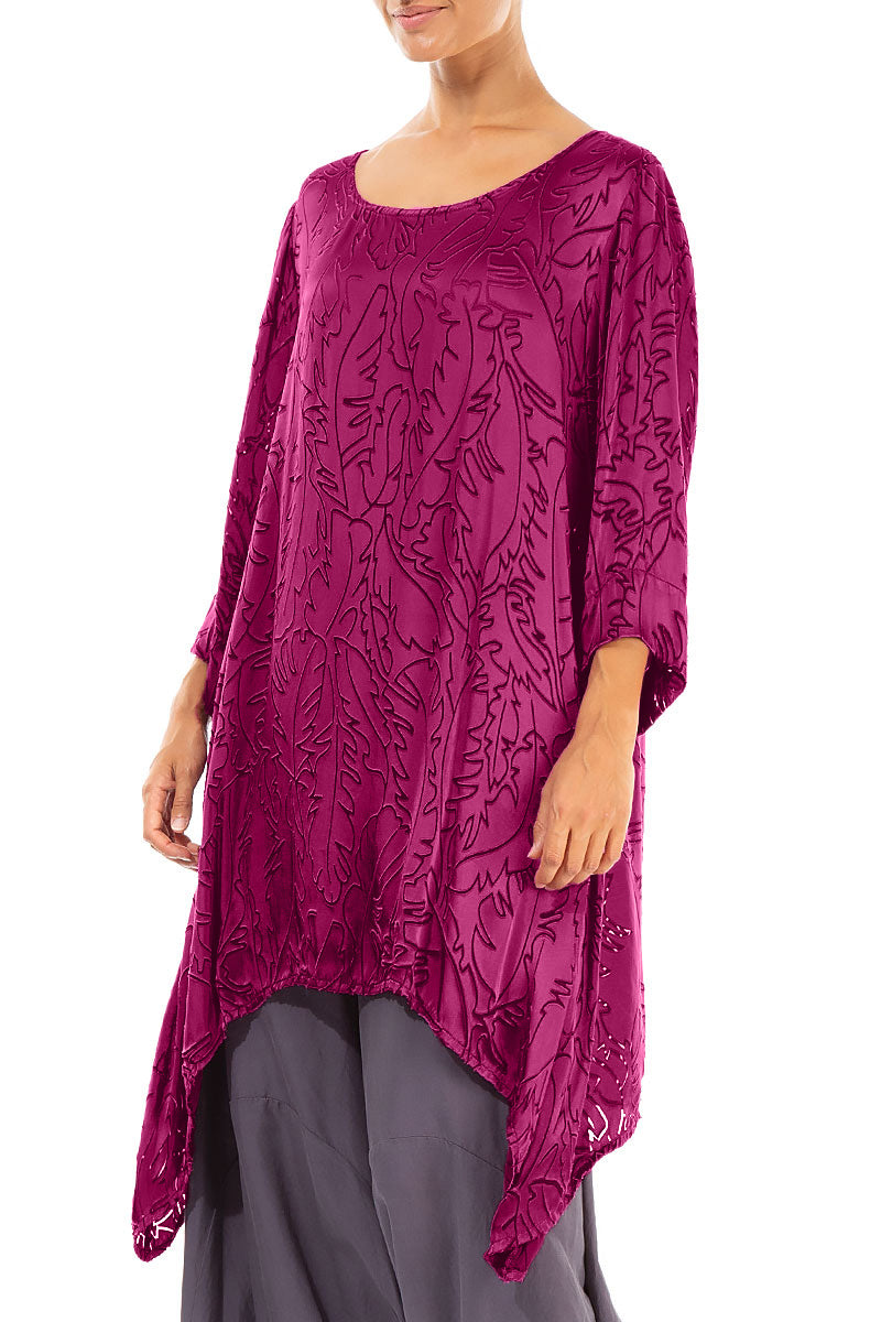 Dropped Edge Magenta Devoré Feather Silk Tunic 3