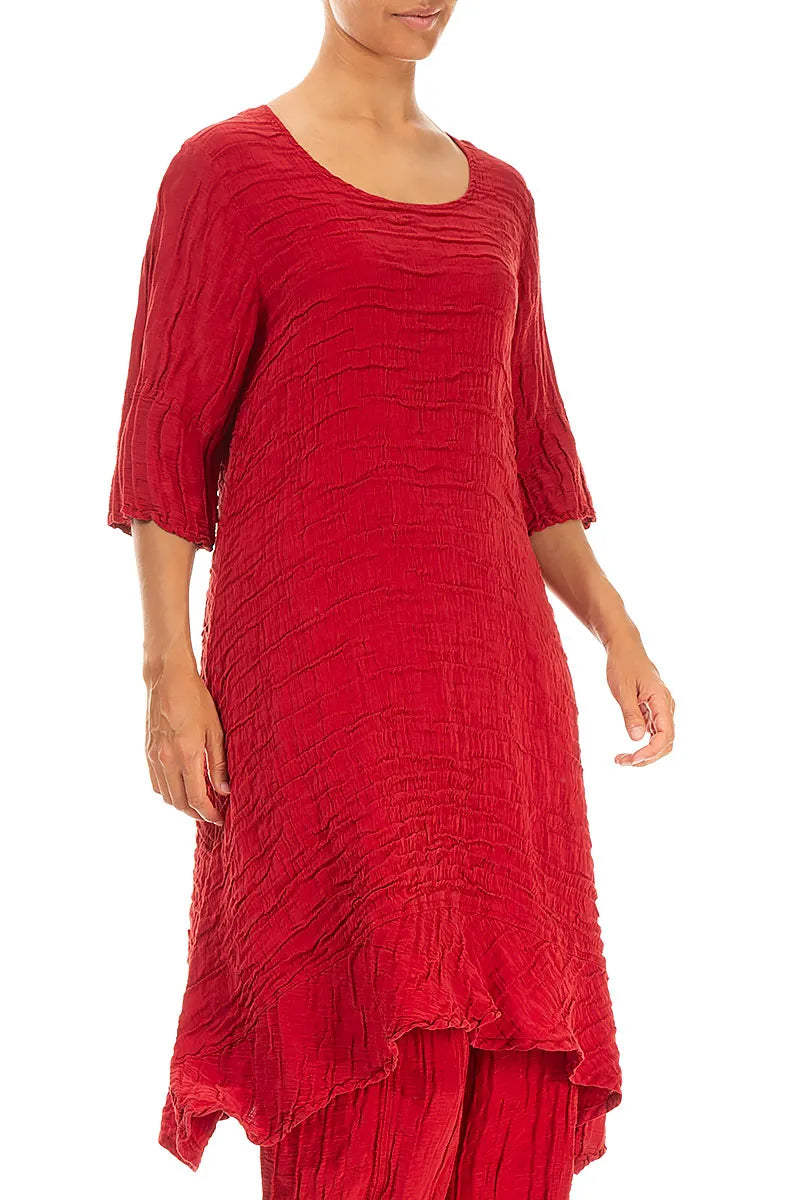 Dropped Sides Crinkled Red Silk Linen Tunic