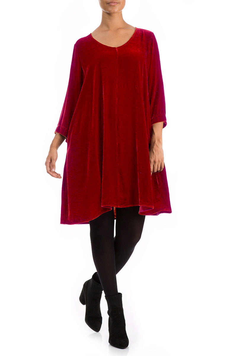 Elegant Cherry Red Silk Velvet Dress