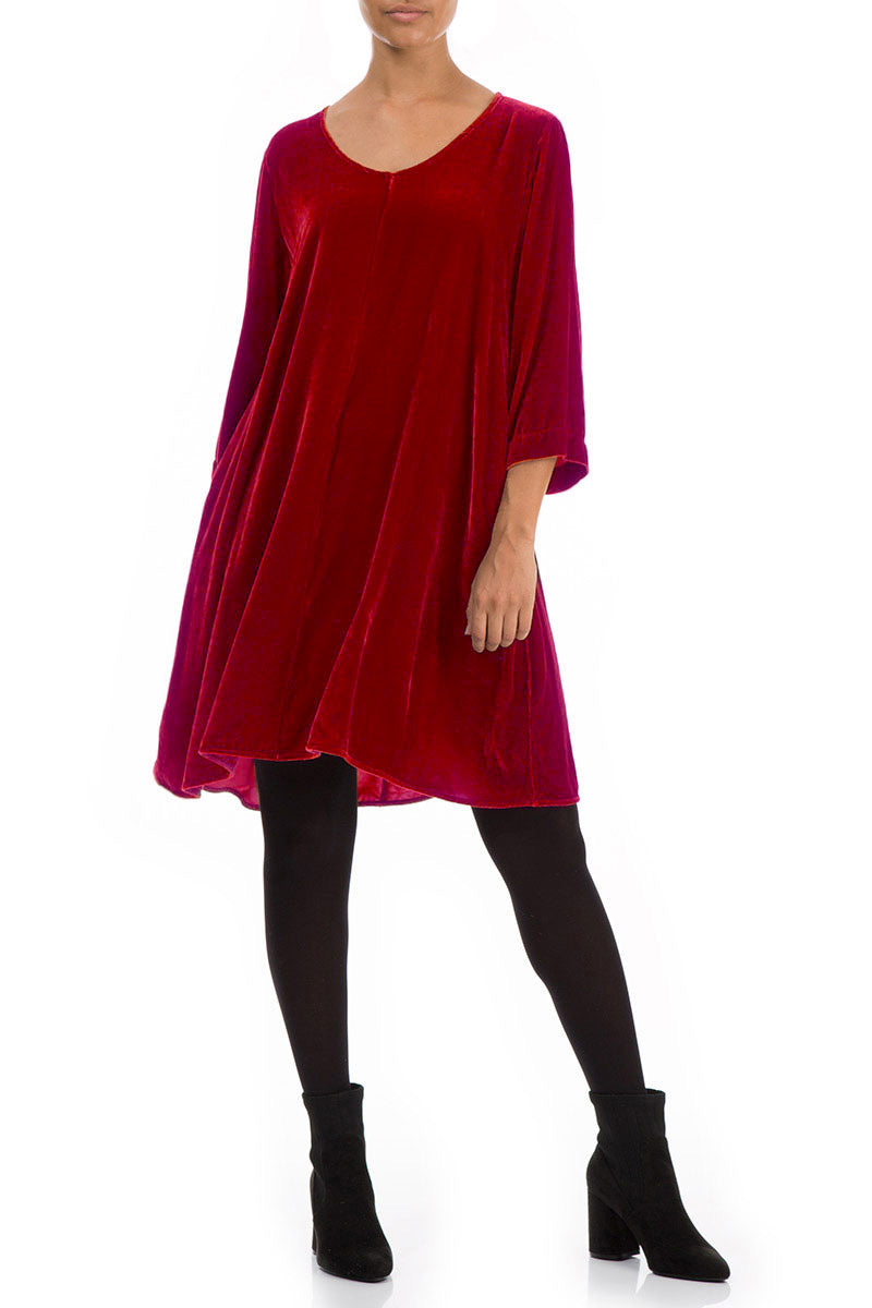 Elegant Cherry Red Silk Velvet Dress