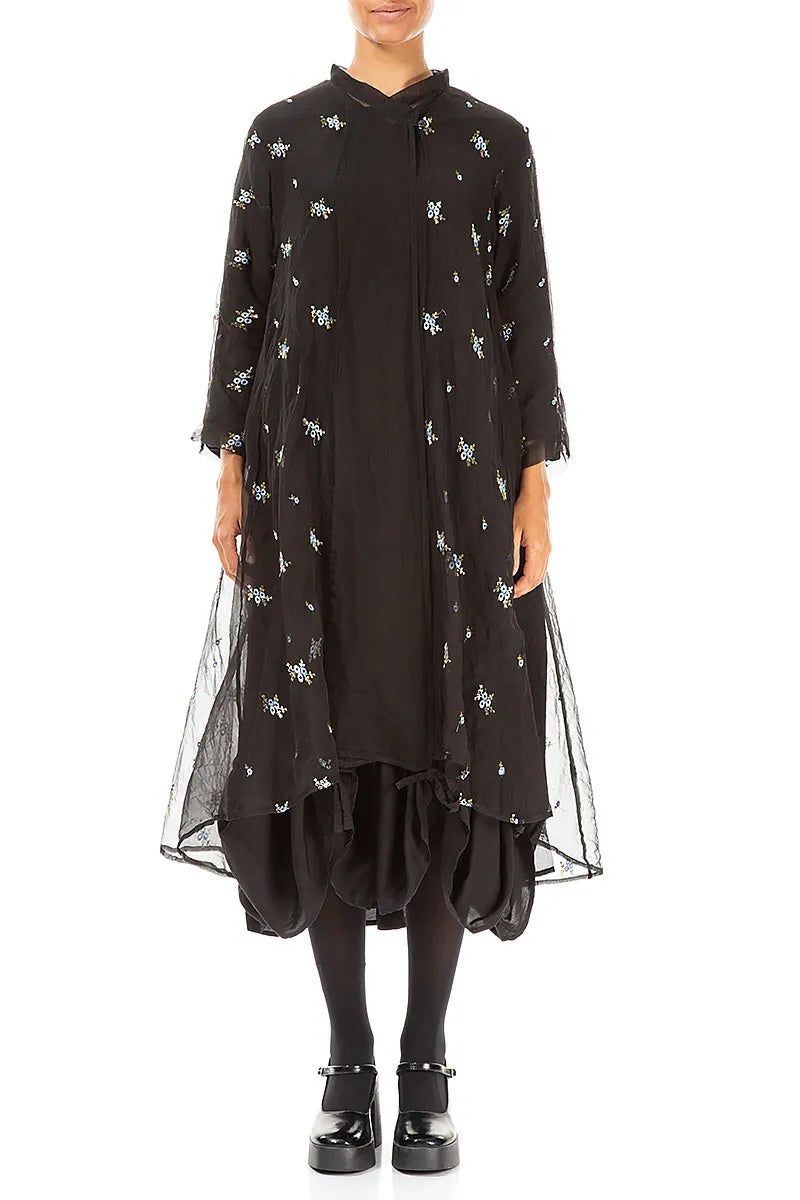 Embroidered Petals Black Silk Chiffon Jacket