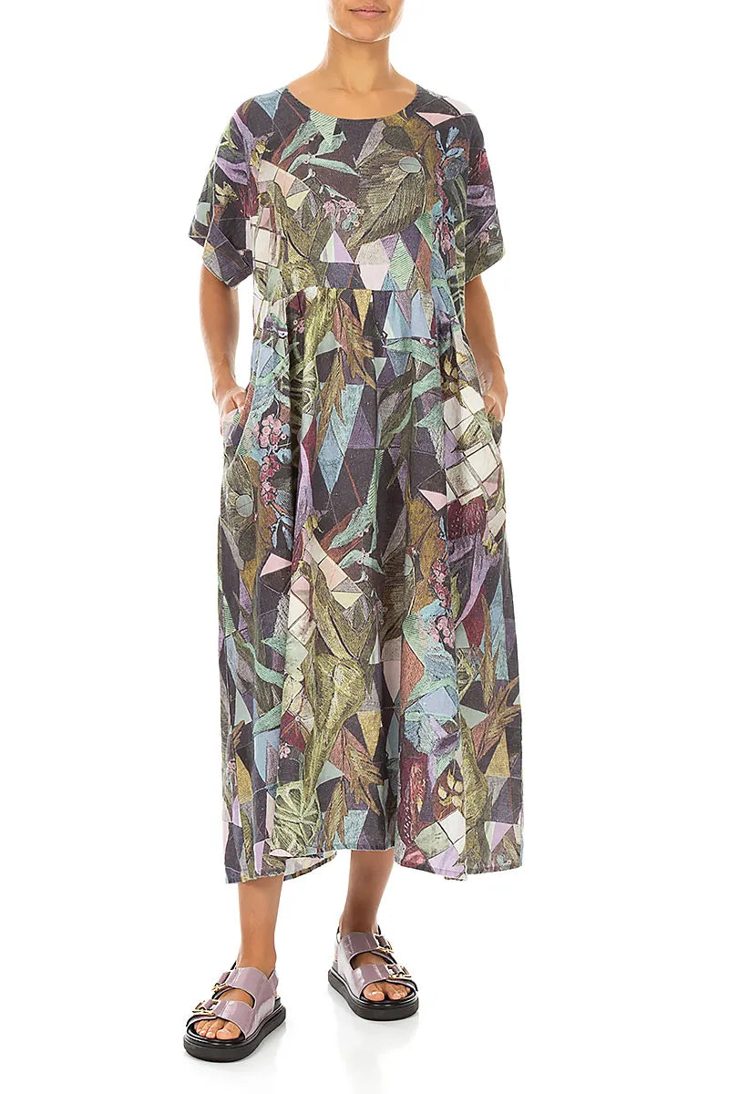 Empire Waist Art Mosaic Linen Dress 4