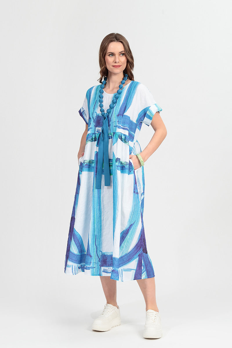 Empire Waist Blue Brushstroke Linen Dress