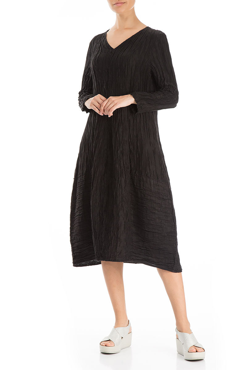 Long Sleeves V-neck Crinkled Black Silk Dress 5