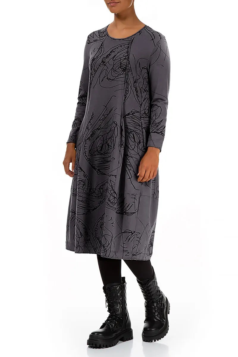 Exposed Seam Graphite Abstract Draw Cotton Dress 3
