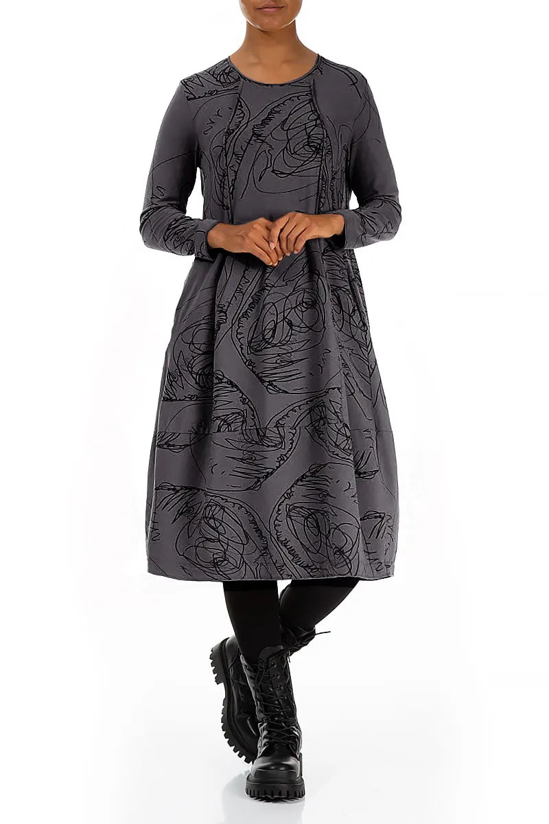 Exposed Seam Graphite Abstract Draw Cotton Dress 4