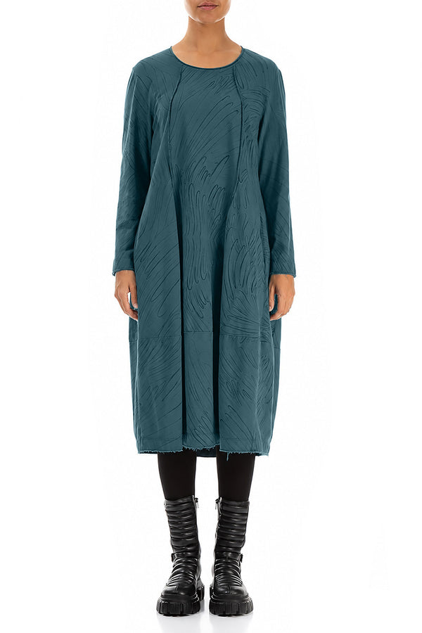 Exposed Seam Deep Turquoise Feathers Cotton Dress 1