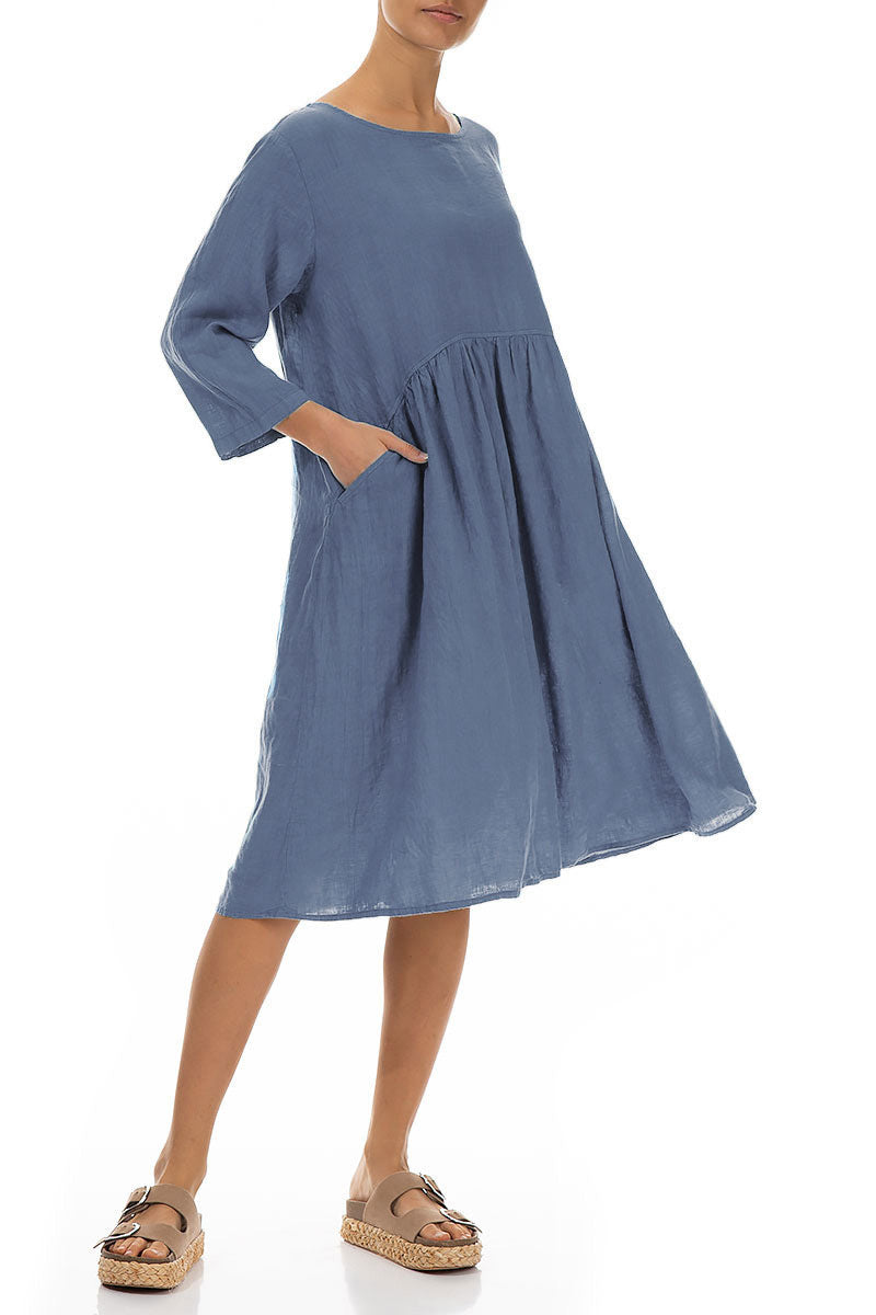 Flared Blue Nova Linen Midi Dress 3