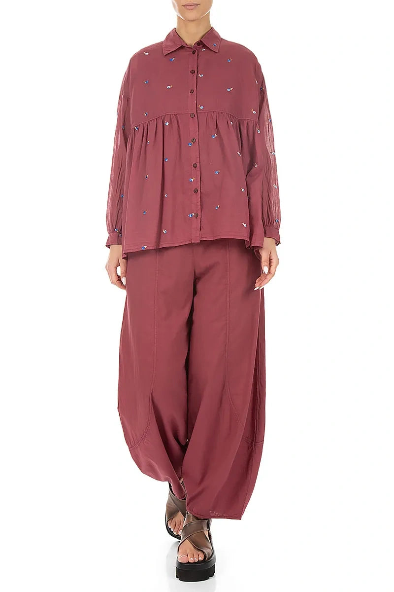 Flared Antique Ruby Embroidered Petals Cotton Shirt 4