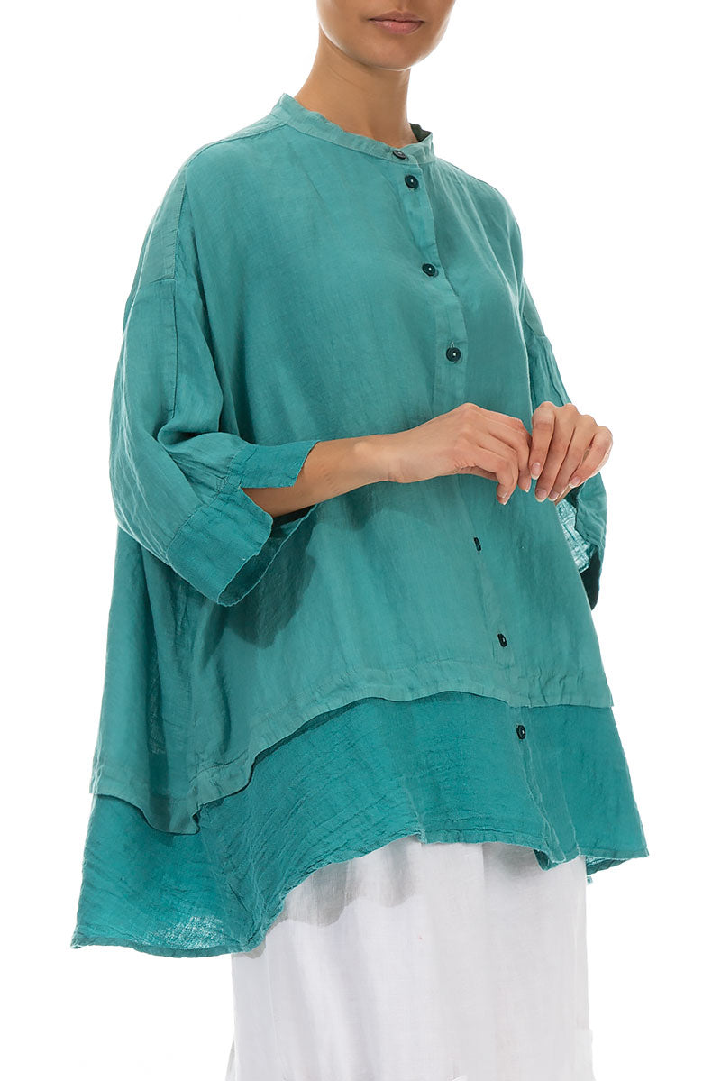 Flared Aqua Green Linen Shirt 4