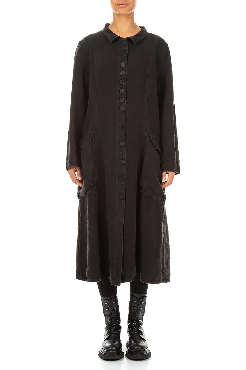 Veste longue à boutons noire en Lin épais