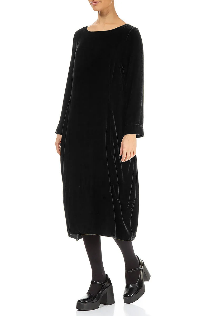 Flared Back Black Silk Velvet Dress