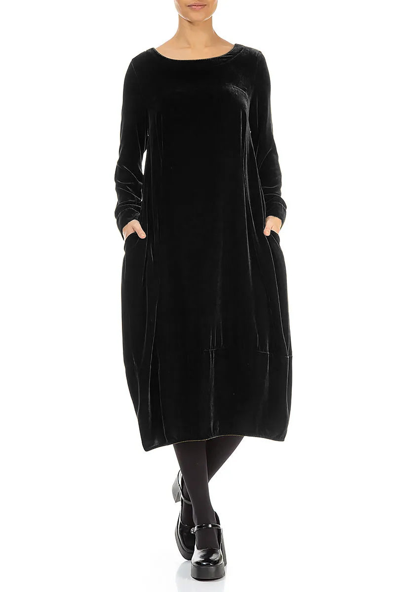 Flared Back Black Silk Velvet Dress