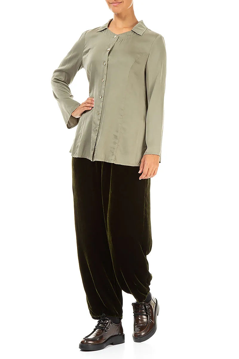 Flared Back Forest Mist Silk Shirt 4
