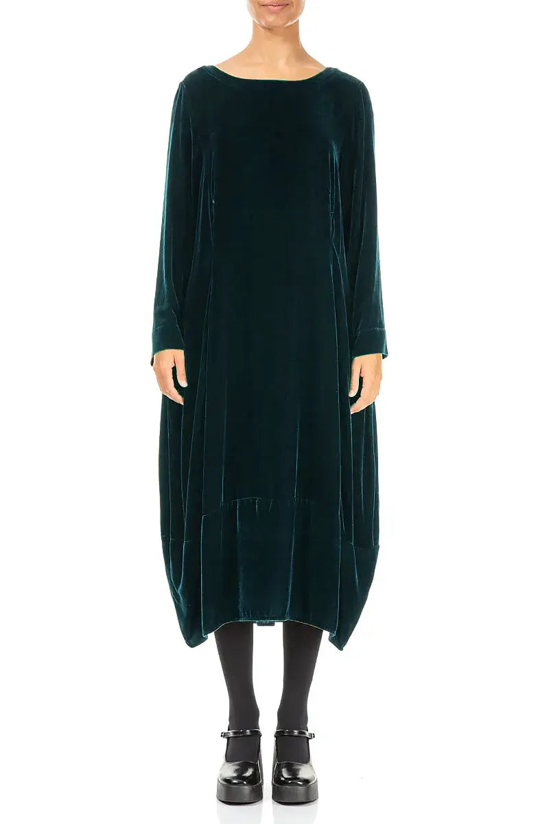 Flared Back Peacock Silk Velvet Dress