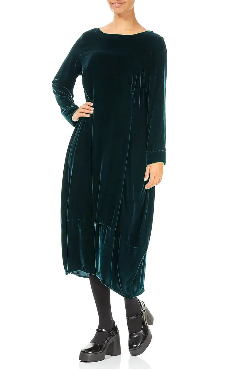 Flared Back Peacock Silk Velvet Dress