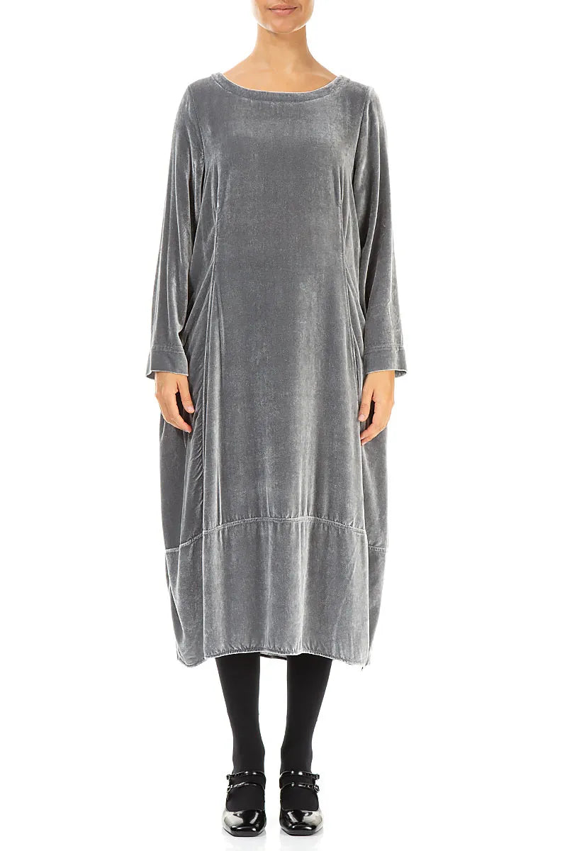 Flared Back Silver Silk Velvet Dress 1