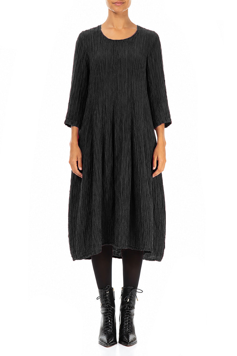 Flared Balloon Crinkled Black Silk Dress