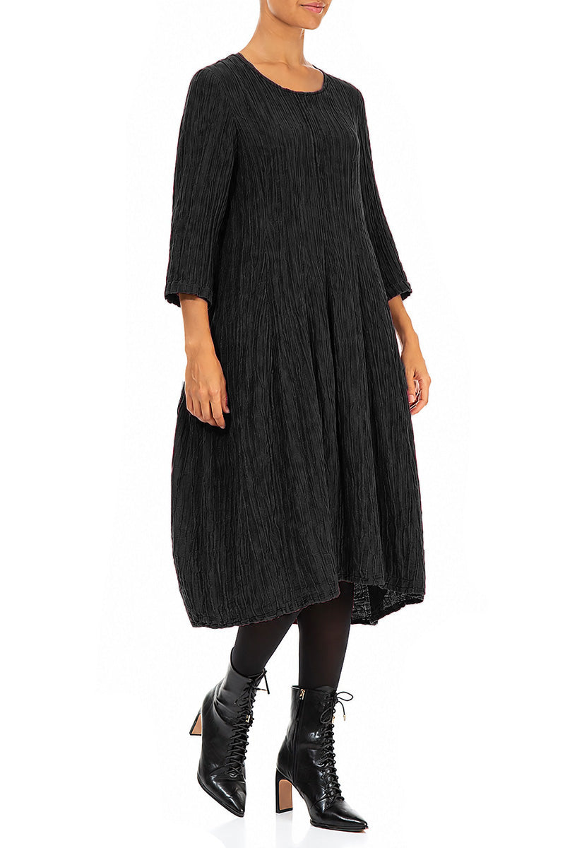 Flared Balloon Crinkled Black Silk Dress